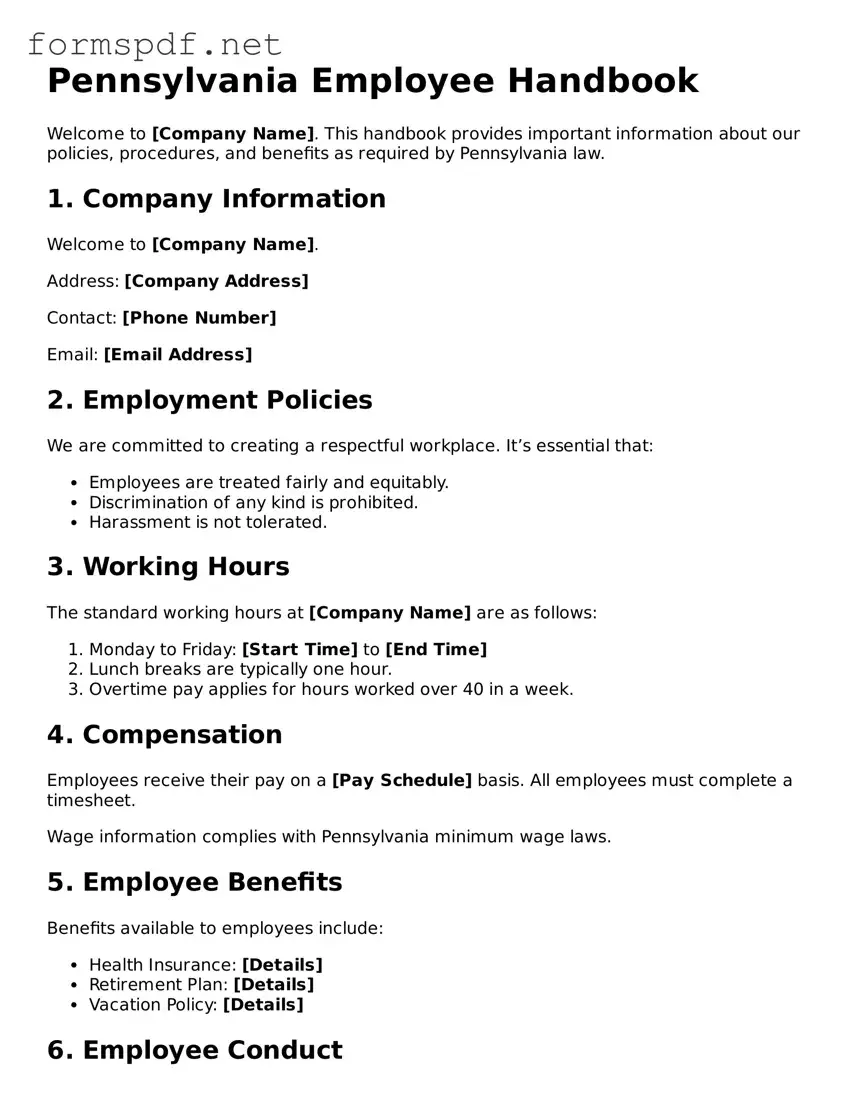 Free  Employee Handbook Form for Pennsylvania