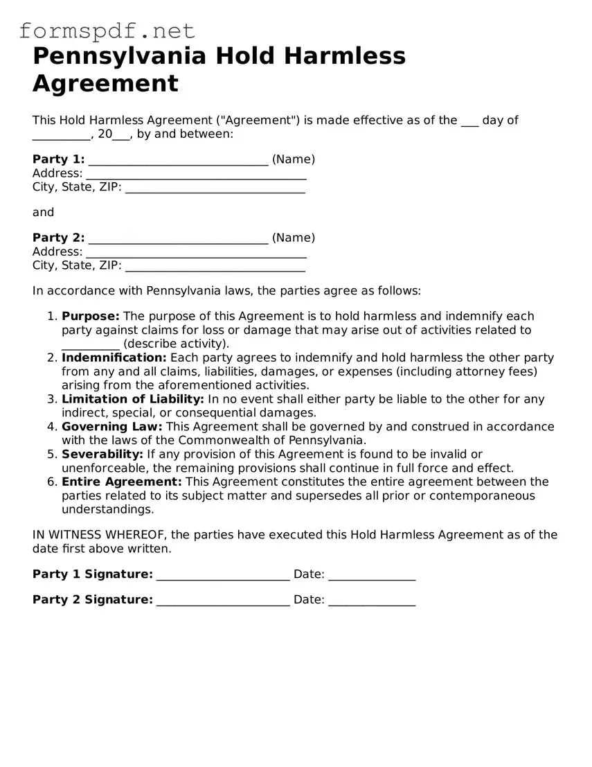 Free  Hold Harmless Agreement Form for Pennsylvania