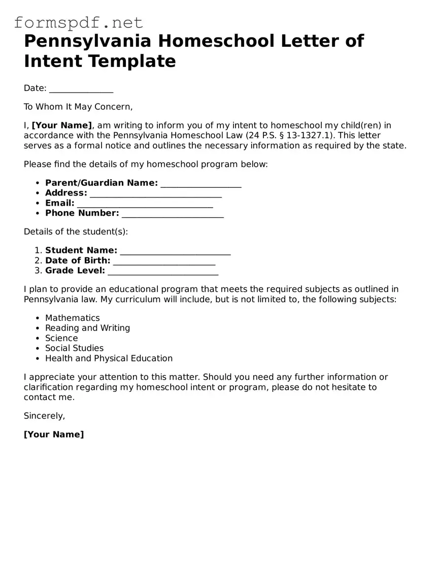 Free  Homeschool Letter of Intent Form for Pennsylvania