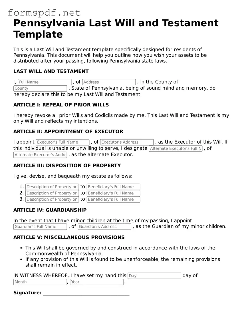 Free  Last Will and Testament Form for Pennsylvania