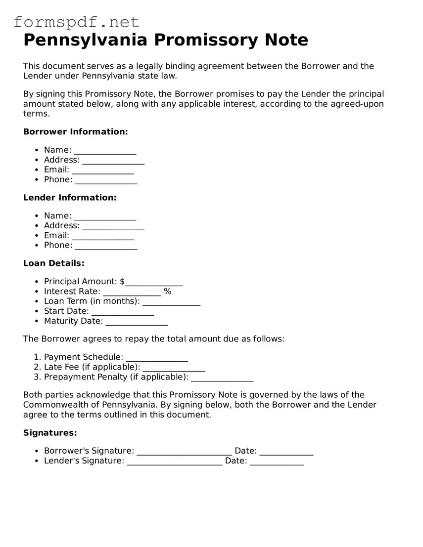 Free  Promissory Note Form for Pennsylvania