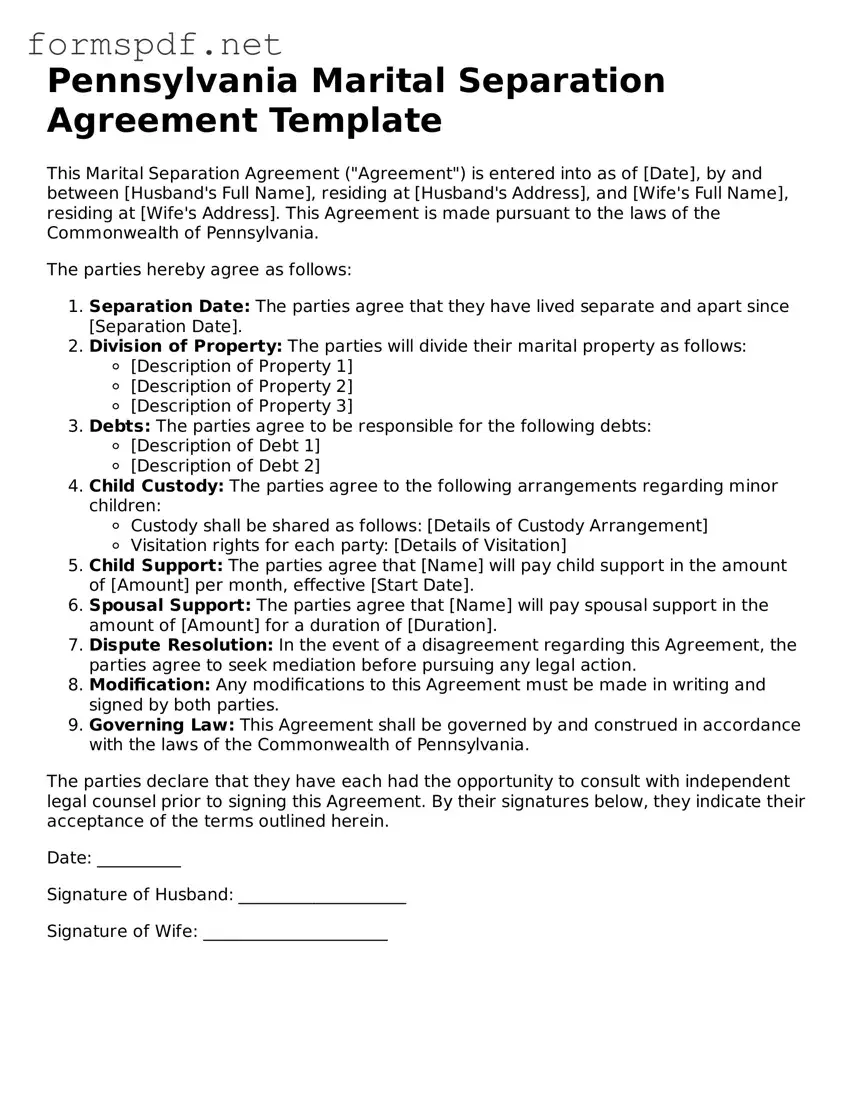 Free  Marital Separation Agreement Form for Pennsylvania