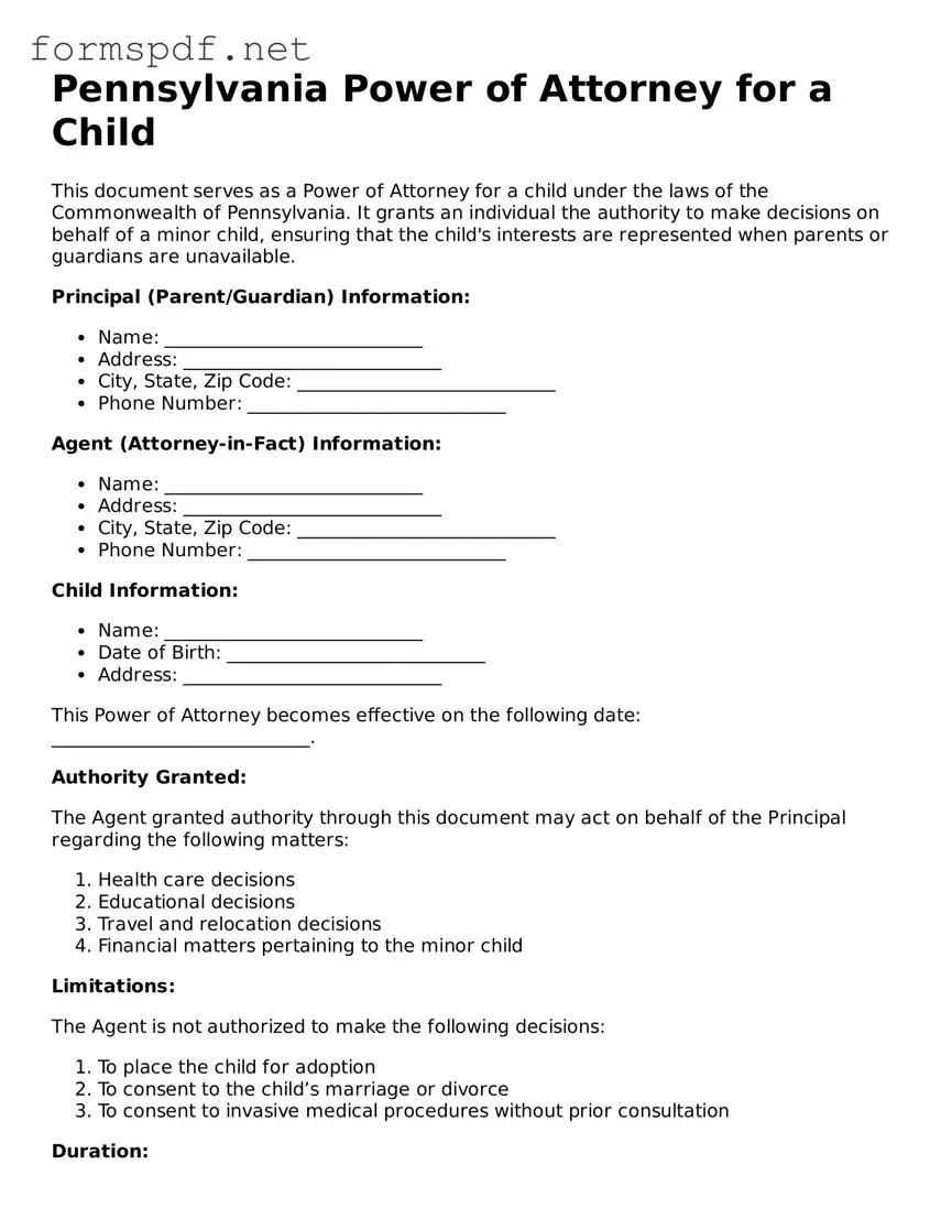 Free  Power of Attorney for a Child Form for Pennsylvania