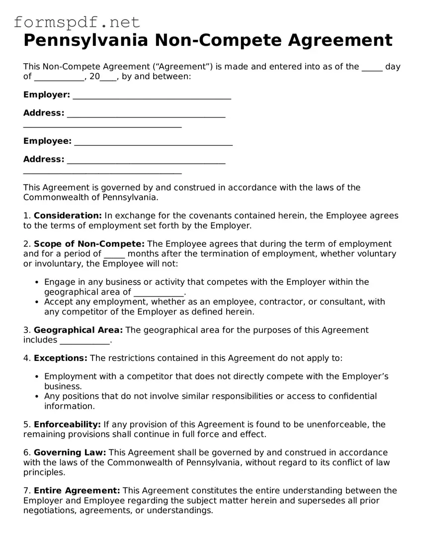 Free  Non-compete Agreement Form for Pennsylvania