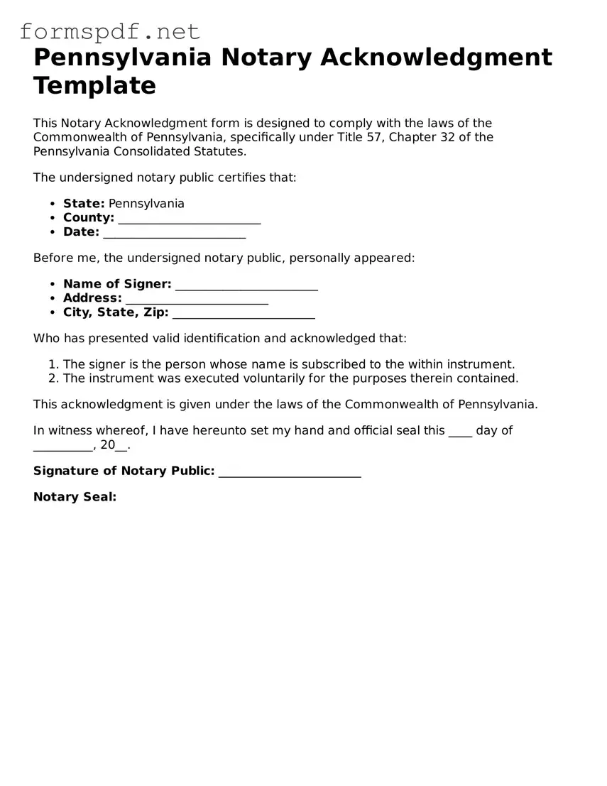 Free  Notary Acknowledgement Form for Pennsylvania
