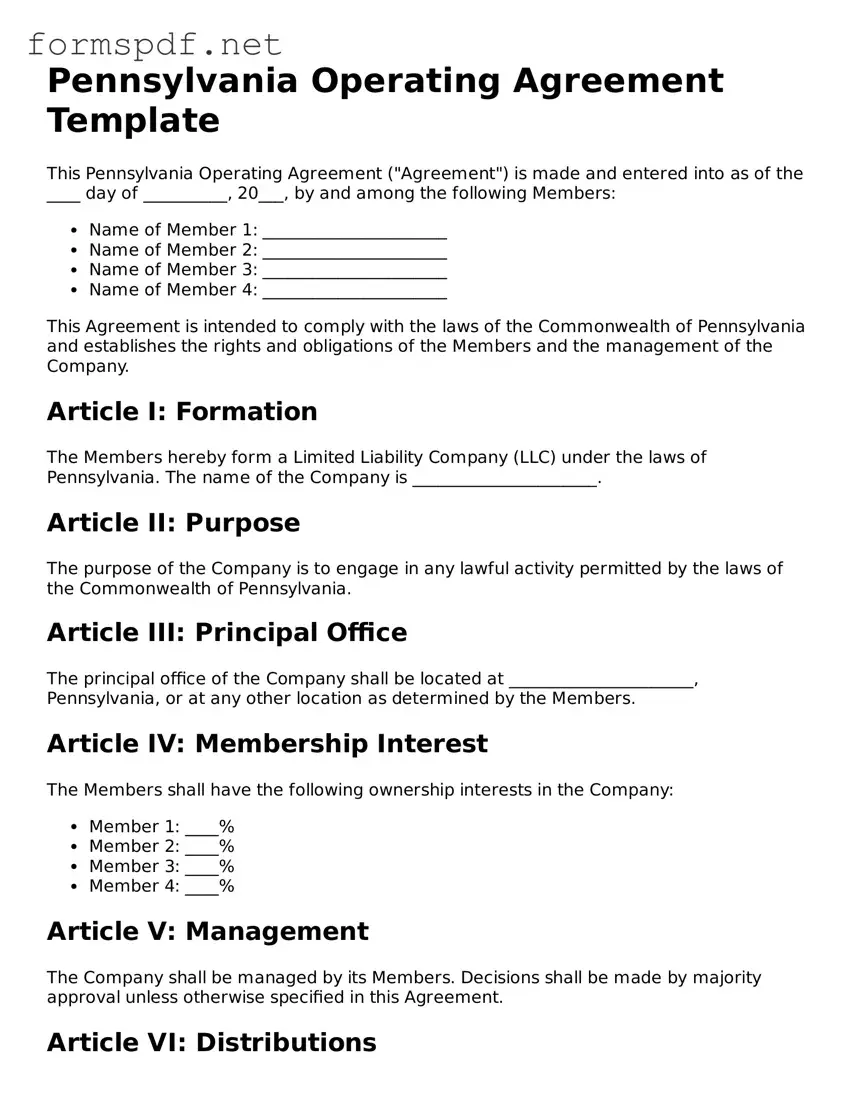 Free  Operating Agreement Form for Pennsylvania