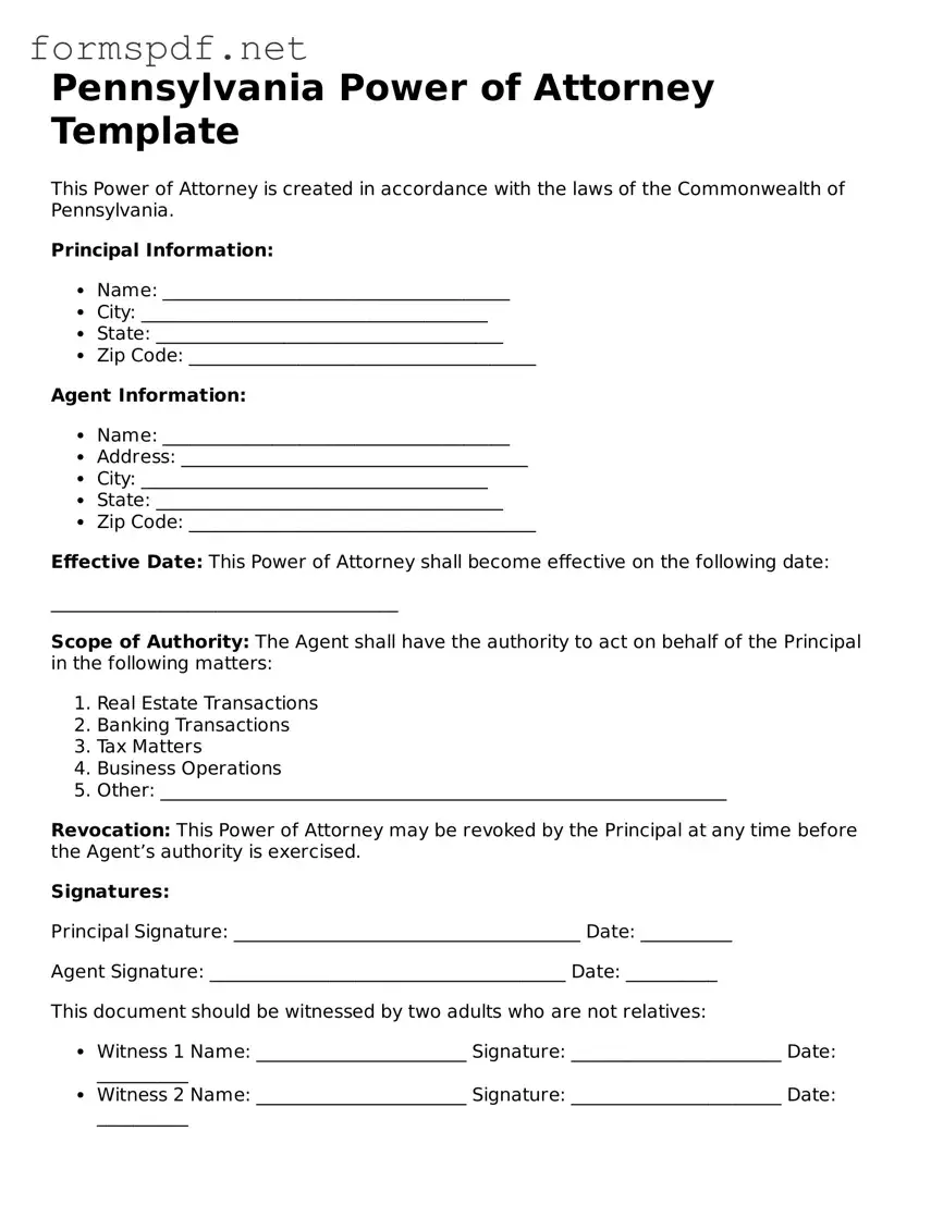 Free  Power of Attorney Form for Pennsylvania