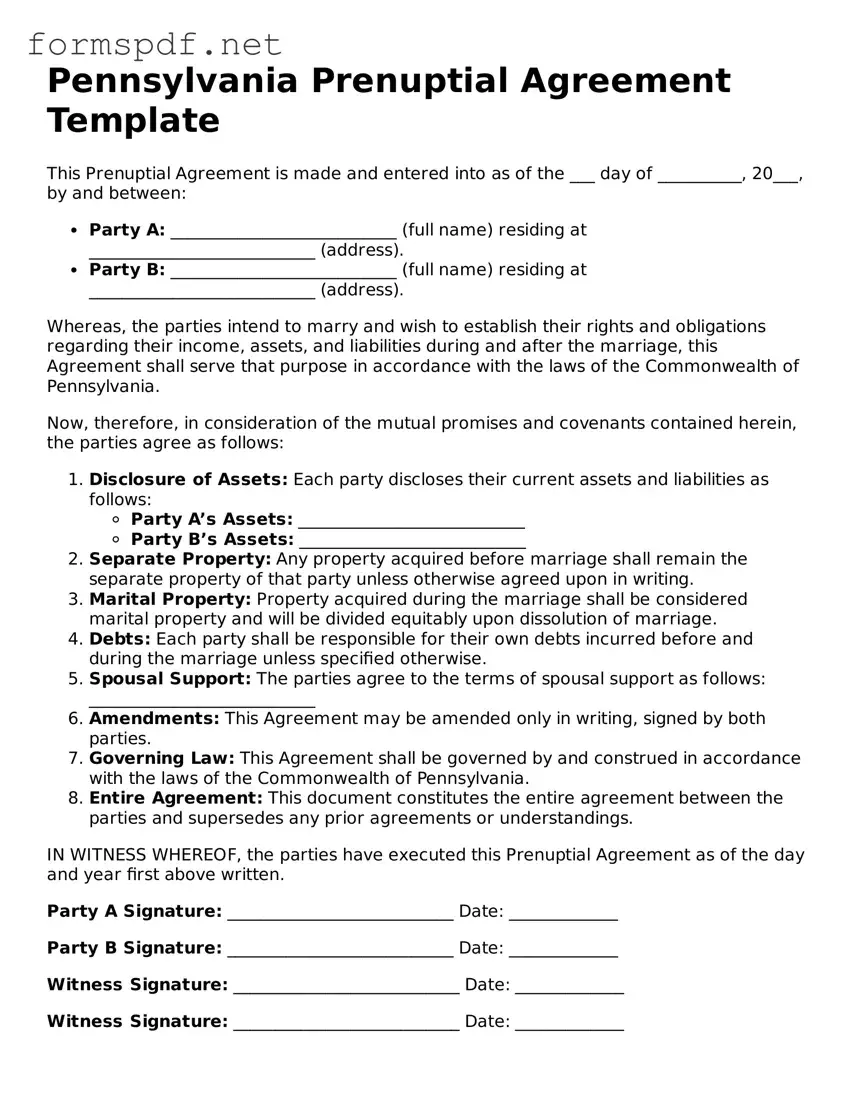 Free  Prenuptial Agreement Form for Pennsylvania