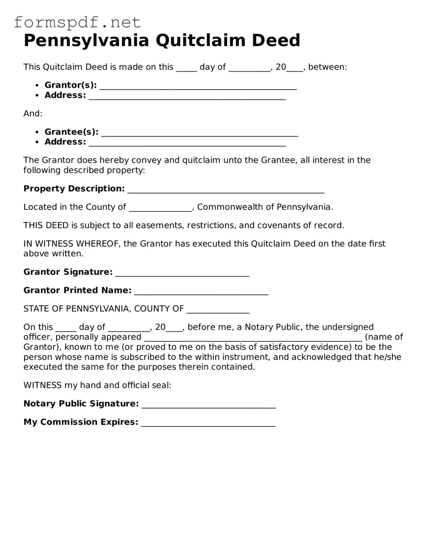 Free  Quitclaim Deed Form for Pennsylvania