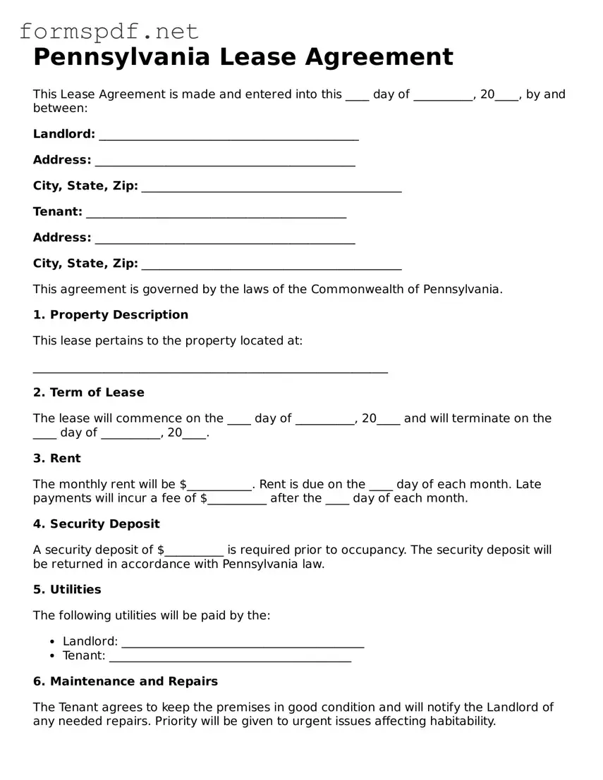 Free  Lease Agreement Form for Pennsylvania