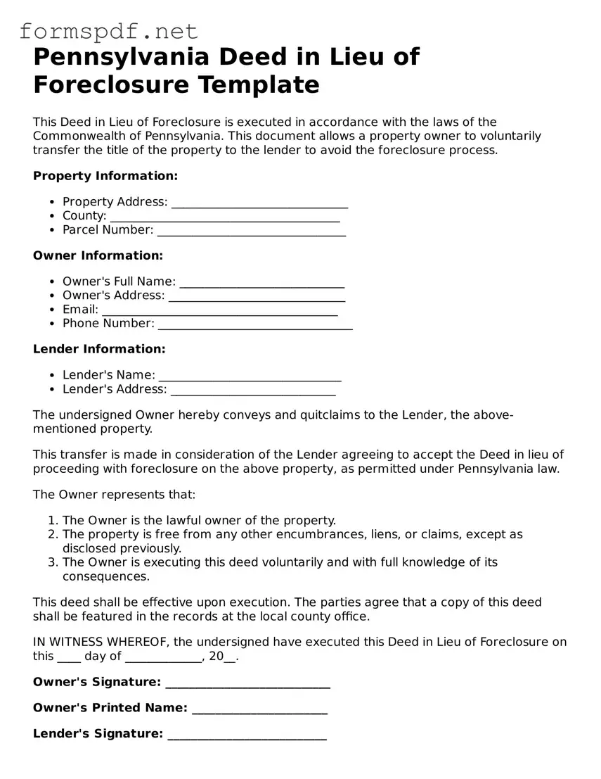 Free  Deed in Lieu of Foreclosure Form for Pennsylvania