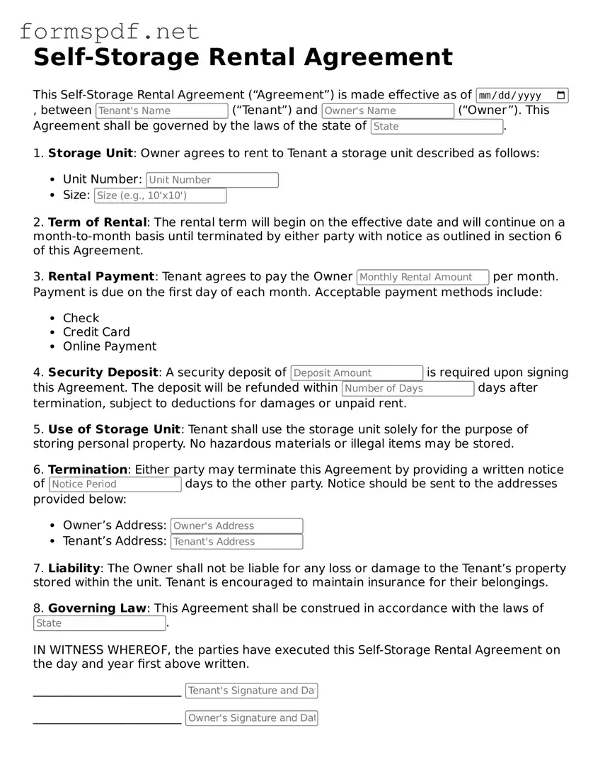 Fillable Self-Storage Rental Agreement Form