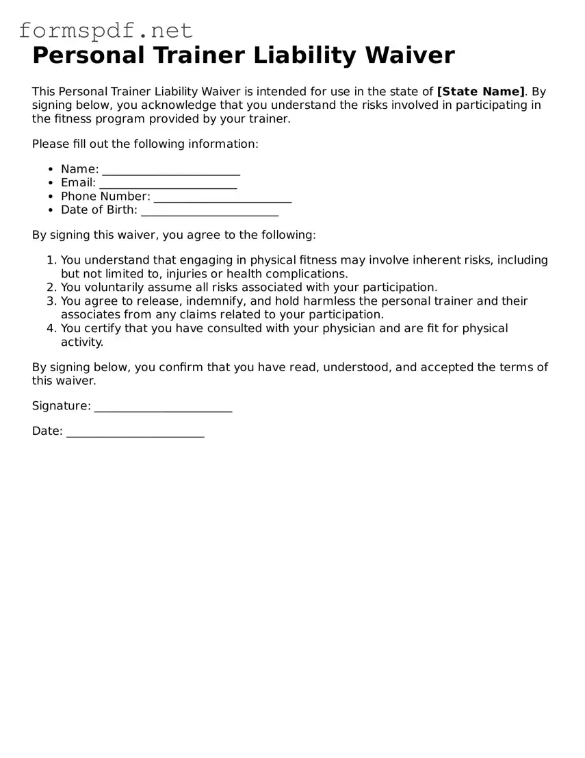 Fillable Personal Trainer Liability Waiver Form