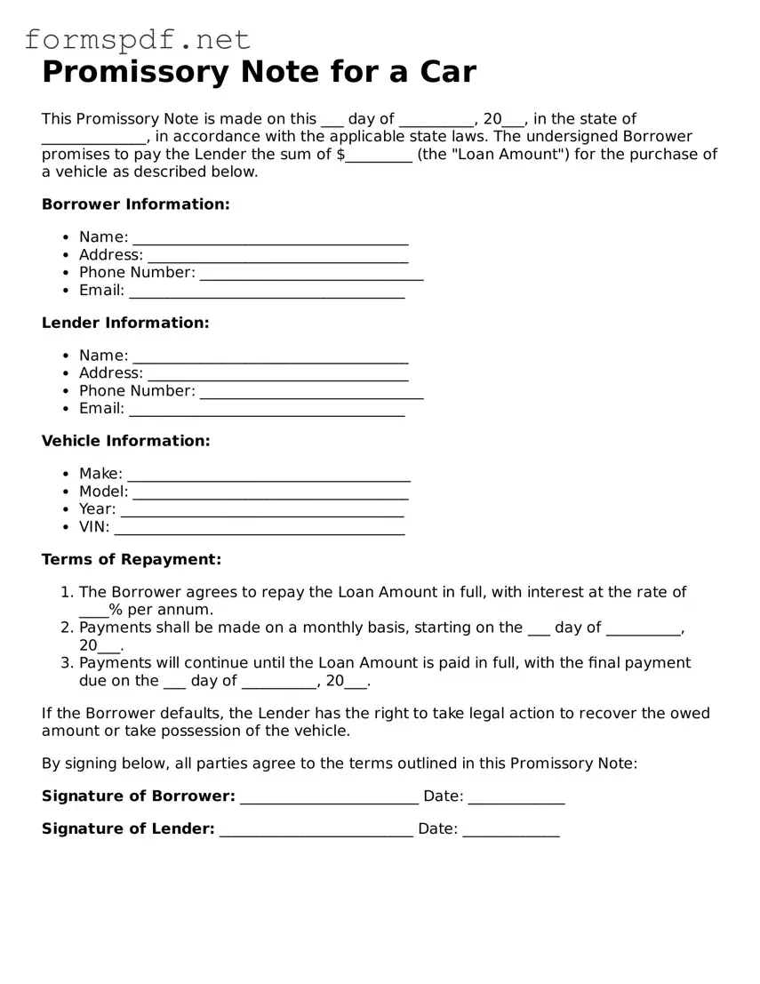 Fillable Promissory Note for a Car Form
