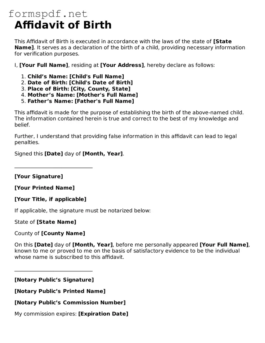 Fillable Affidavit of Birth Form