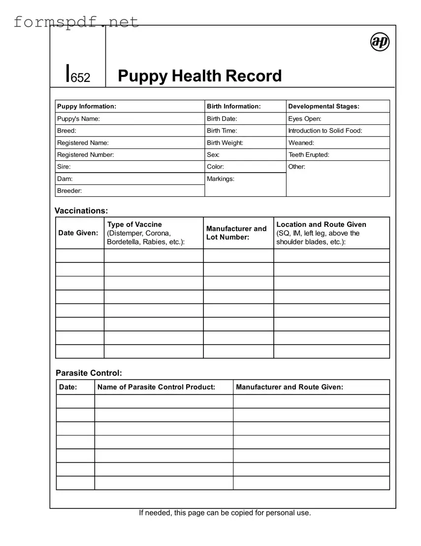 Free Puppy Health Record PDF Form
