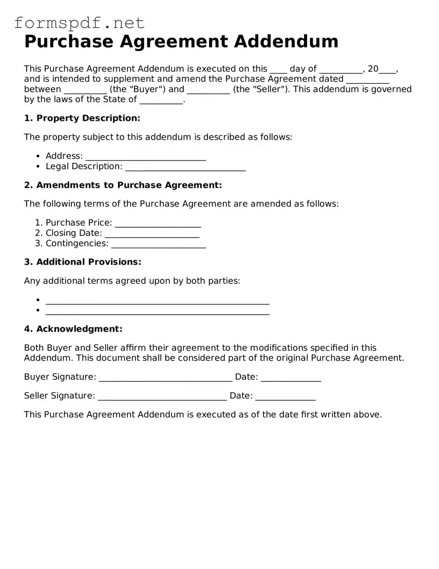 Fillable Purchase Agreement Addendum Form