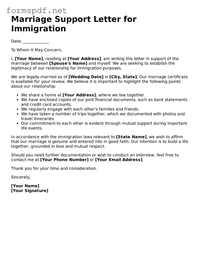 Fillable Marriage Support Letter for Immigration Form