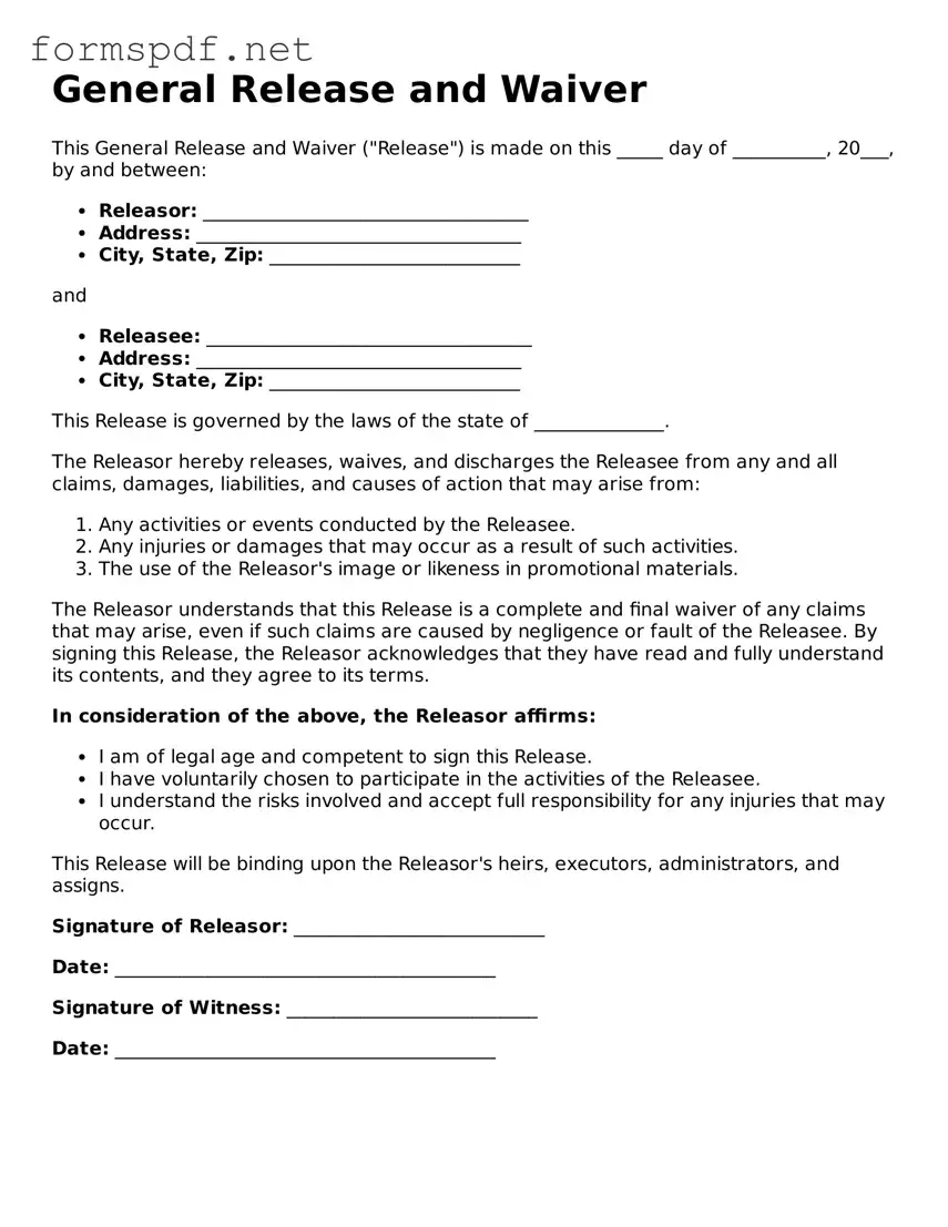 Fillable General Release and Waiver Form