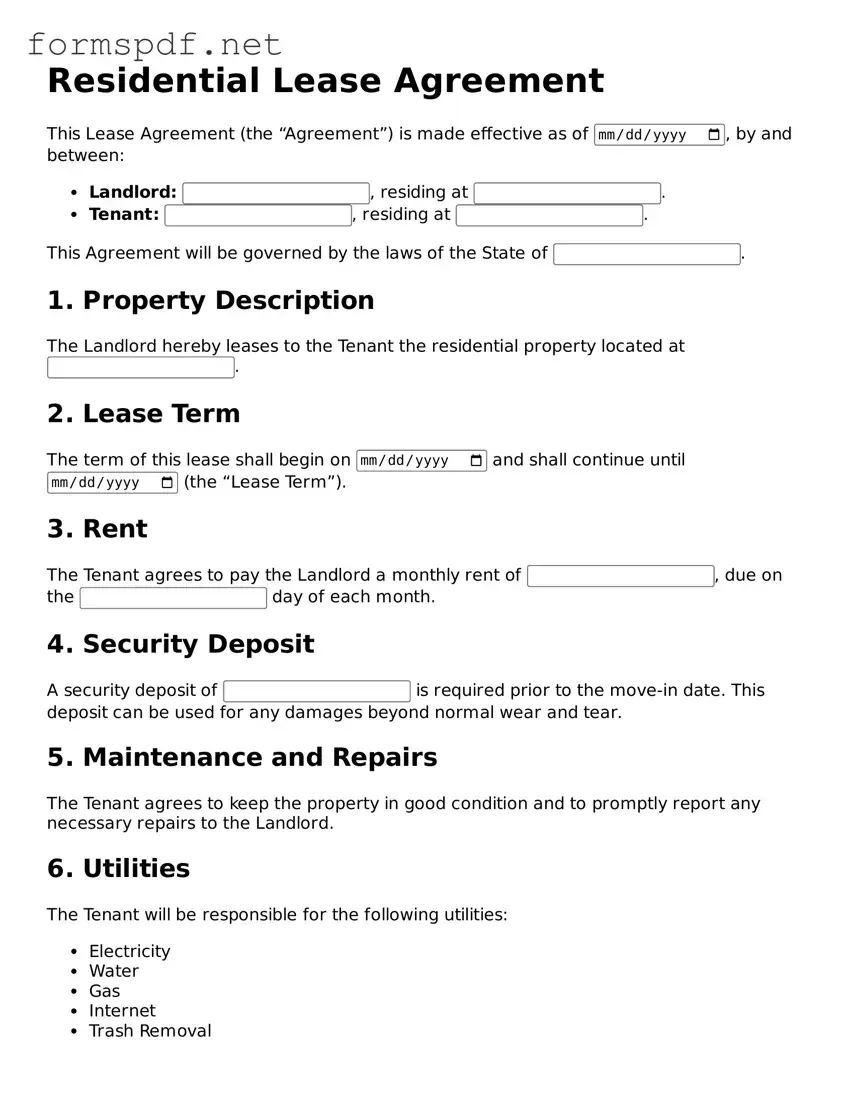 Fillable Lease Agreement Form