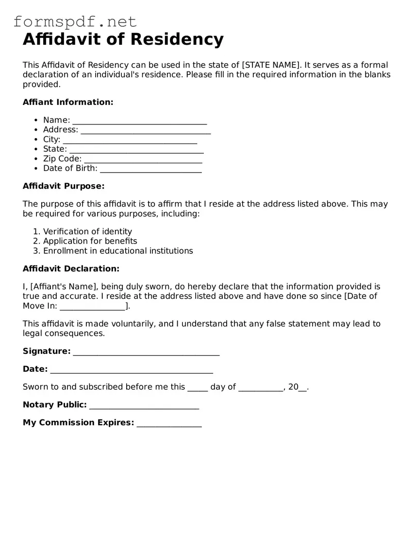 Fillable Affidavit of Residency Form