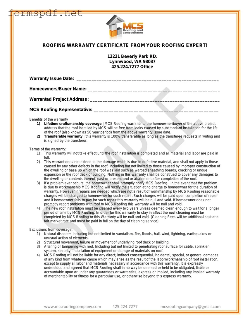 Free Roofing Warranty Certificate PDF Form