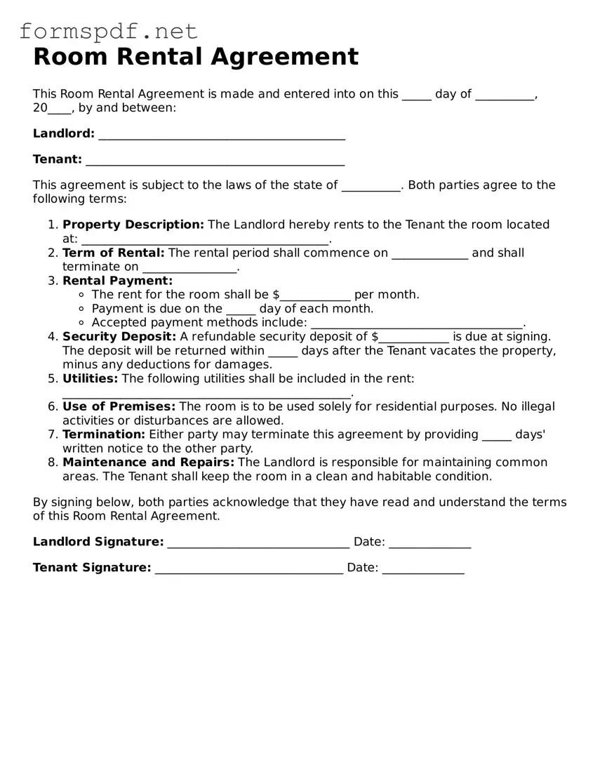Fillable Room Rental Agreement Form