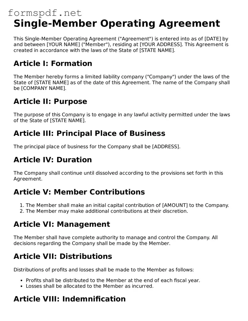 Fillable Single-Member Operating Agreement Form