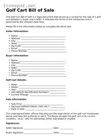 Fillable Golf Cart Bill of Sale Form