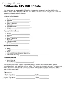 Free  ATV Bill of Sale Form for California