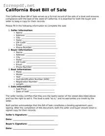 Free  Boat Bill of Sale Form for California