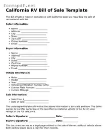 Free  RV Bill of Sale Form for California