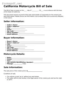 Free  Motorcycle Bill of Sale Form for California