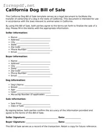Free  Dog Bill of Sale Form for California