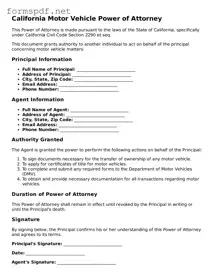 Free  Motor Vehicle Power of Attorney Form for California