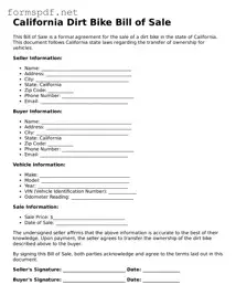 Free  Dirt Bike Bill of Sale Form for California