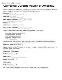Free  Durable Power of Attorney Form for California