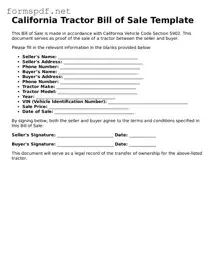 Free  Tractor Bill of Sale Form for California