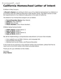 Free  Homeschool Letter of Intent Form for California