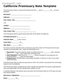 Free  Promissory Note Form for California