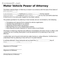 Fillable Motor Vehicle Power of Attorney Form