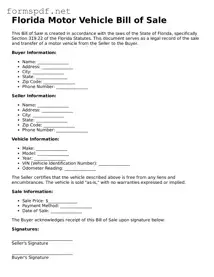 Free  Motor Vehicle Bill of Sale Form for Florida
