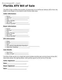 Free  ATV Bill of Sale Form for Florida