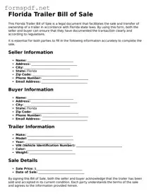 Free  Trailer Bill of Sale Form for Florida
