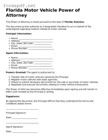 Free  Motor Vehicle Power of Attorney Form for Florida