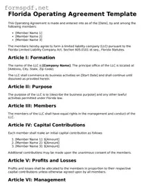 Free  Operating Agreement Form for Florida