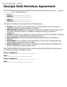 Free  Hold Harmless Agreement Form for Georgia