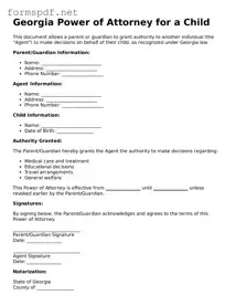 Free  Power of Attorney for a Child Form for Georgia