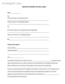 Free Intent To Lien Florida PDF Form