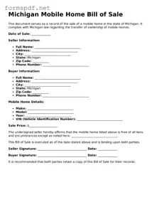 Free  Mobile Home Bill of Sale Form for Michigan